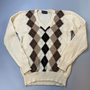 Vintage Wool Sweater Mens Medium* Argyle Cream Brown Wool Sears Academic Grandpa